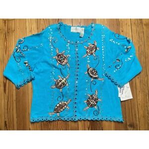 design options Philip & jane gordon blue sea turtle cardigan sweater XL New RARE